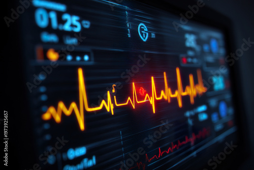 Digital screen glows with orange heart rate waveform. Data values and icons float against dark, futuristic interface. Vibrant lines pulse rhythmically, suggesting vital signs in real time