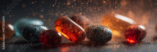 Glowing capsules rest on a dark, textured surface. Particles drift in warm, golden light around the scene. Each pill shines with rich, translucent hues. Soft bokeh blurs the background subtly