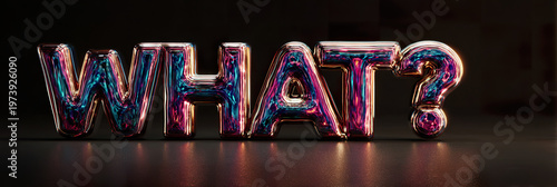 Shiny letters glow with iridescent hues. Dark background highlights the word 