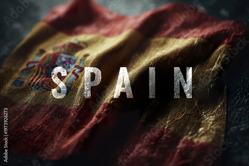 Worn Spanish flag with bold, textured lettering spelling 