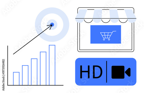 E-commerce, digital marketing, content creation, analytics, business strategy, online shopping. Arrow hitting a target, growth chart and video icon. E-commerce and digital marketing concept