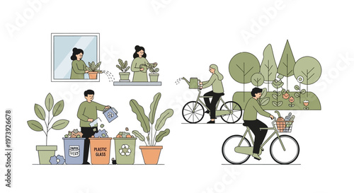 Man riding bicycle with plant basket.