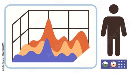 Business analytics, time tracking, performance monitoring, data science, project scheduling, productivity optimization. 3D graph with peaks and person icon beside clock symbols. Business analytics
