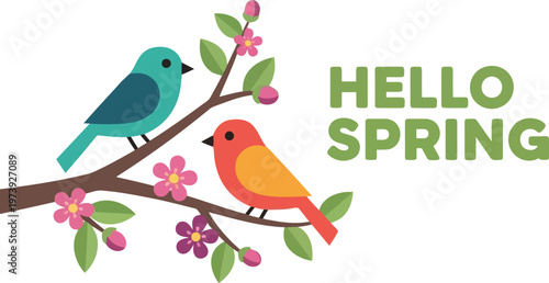 Hello Spring greeting design with colorful birds perched on a blooming floral tree branch illustration