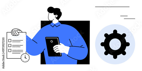 Project management. Professional holding tablet with checklist, clock, and gear project management. Project management enhances efficiency in teams and workflows. Ideal for business, productivity