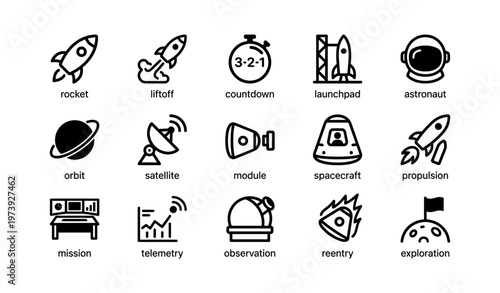 Space exploration icons featuring rocket, astronaut, satellite, and more