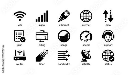 Network connectivity icons: wifi, signal, ethernet, internet, data, satellite, router