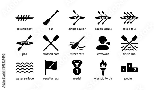 Rowing icon set: boats, oars, coxswain, medals, and symbols in black silhouette