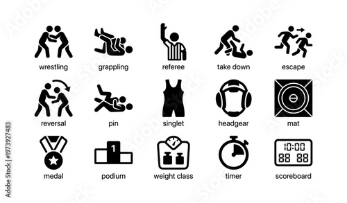 Wrestling icons: referee, singlet, mat, timer, medal, scoreboard, headgear