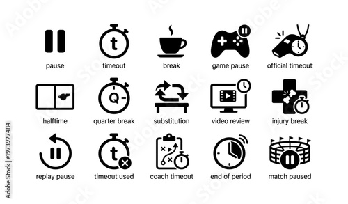 Sports timeout and break icons: game, halftime, substitution, pause, review
