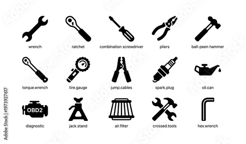 Essential automotive tools icons: wrench, screwdriver, pliers, hammer, gauge, cables, filter
