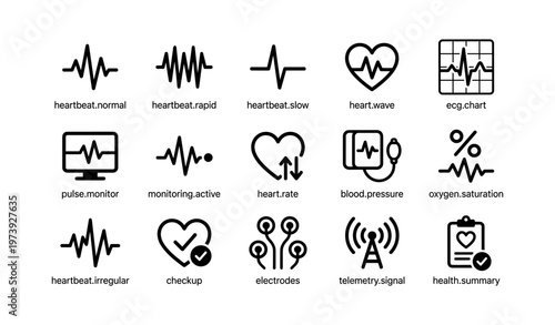 Heartbeat icons set: normal, rapid, slow, wave, ecg, monitor, pressure, oxygen