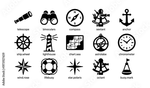 Nautical instruments: telescope, binoculars, compass, sextant, anchor, ship wheel, lighthouse, more