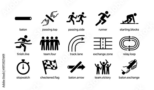 Relay race icons: baton, stopwatch, team, track, victory