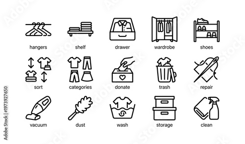 Organizing wardrobe and cleaning essentials: hangers, shelves, storage solutions