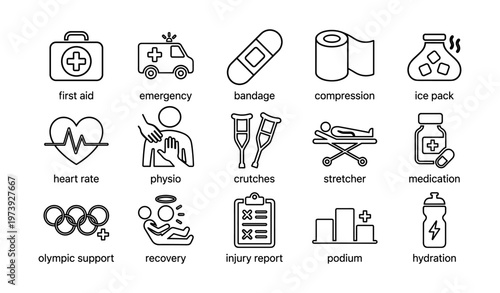 Emergency medical icons: first aid, physical therapy, medication