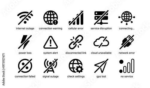 Internet connectivity issues icons: outage, warning, error, disruption, unavailable
