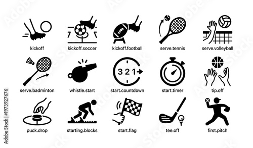 Sports icons set: tennis, soccer, football, volleyball, badminton, and more