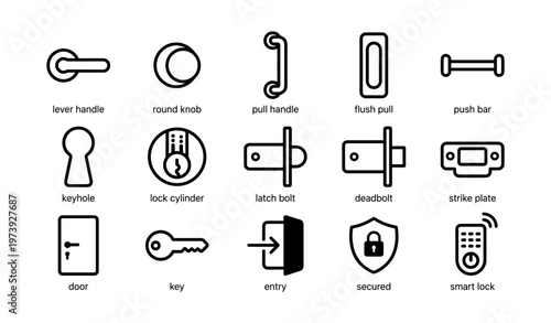Set of door hardware icons including handle, keyhole, and smart lock