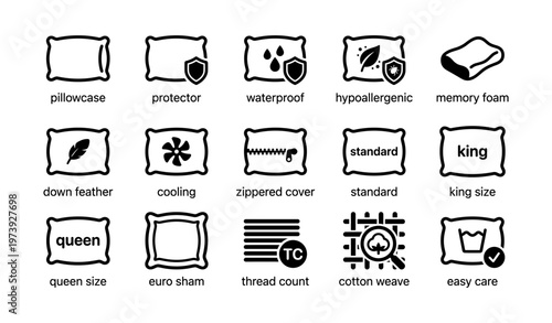Pillow icon set: protector, waterproof, hypoallergenic, memory foam, king size