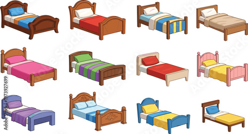 Bed Furniture Collection with Different Styles Wooden Frames and Colorful Bedding Bedroom Interior Vector Set Isolated on White Background