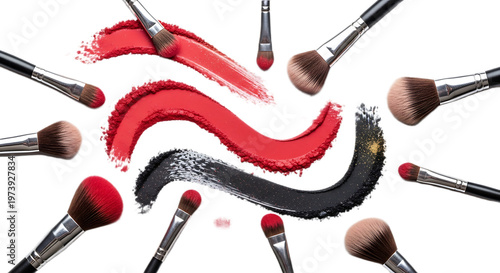 A collection of makeup brushes with red and black lipstick swatches on a dark background 2026 black friday concept in Abstract art red and black colors in transparent background