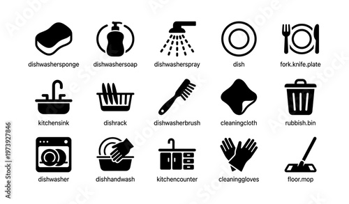 Kitchen cleaning and dishwashing icons for efficient household chore management