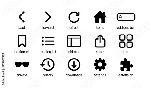 Web browser icons: navigation, tools, downloads, and settings symbols
