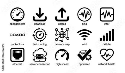 Internet speed and connectivity icons: wi-fi, cellular, ethernet, ping, jitter, upload, download