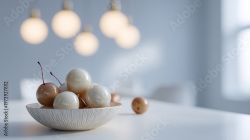Elegant minimalistic bowl of assorted white and brown cherries and cherries on a white surface in