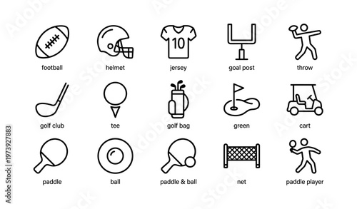 Sports equipment icons: football, golf, table tennis, and player actions