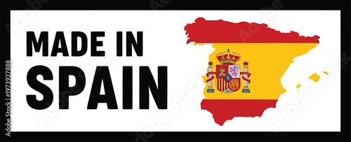 Made in Spain label with Spanish national flag map icon for product packaging design element