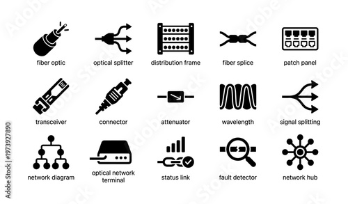 Fiber optic network components and symbols for connectivity and communication