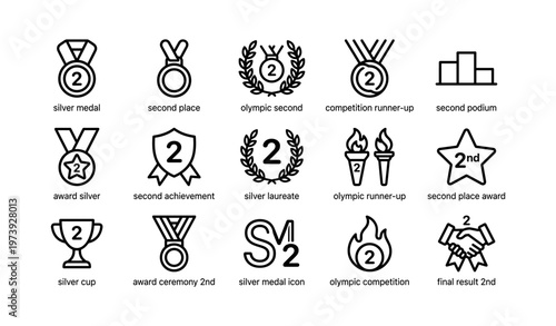 Icons of silver medals and awards for second place achievements