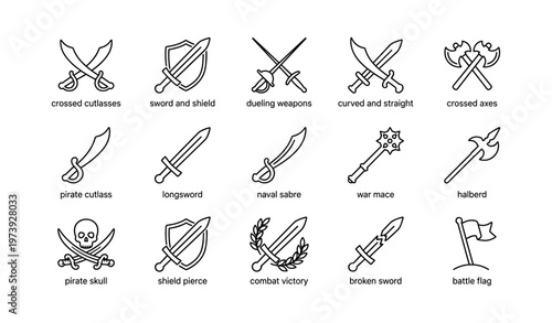 Icon set of swords, shields, and weapons featuring pirate and medieval themes