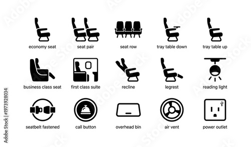 Airplane cabin icons: seating, features, and comfort elements