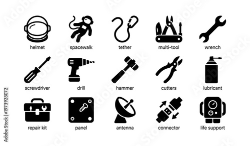 Space equipment icons: tools, gear, and devices for astronauts