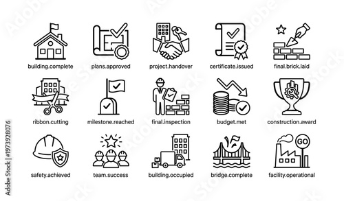 Construction project milestones icons set with completion and achievement symbols
