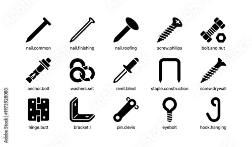 Silhouette icons of fasteners: nails, screws, bolts, and hardware elements