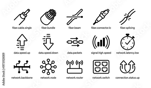 Fiber optic network icons for high-speed data and connectivity management
