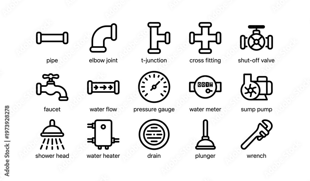 Fototapeta premium Plumbing icons: pipe, elbow joint, valve, faucet, pressure gauge, wrench