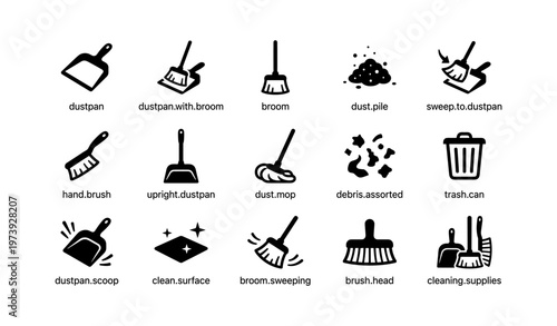 Cleaning tools icons including dustpan, broom, mop, and trash can