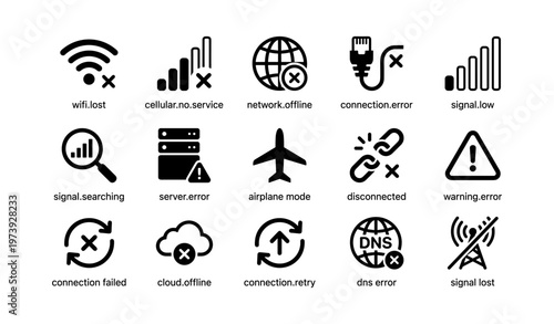 Network and connection error icons set with warnings and alerts