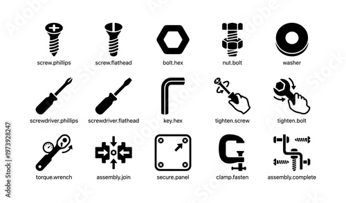 Variety of screws, bolts, tools, and icons for assembly and fastening
