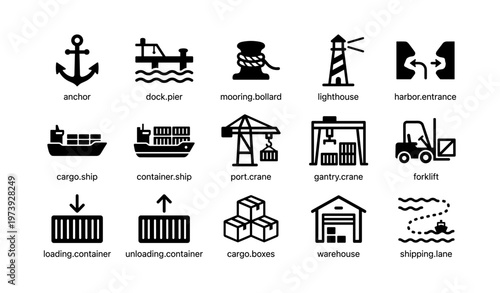 Maritime icons: anchor, dock, harbor entrance, cargo ship, and cranes