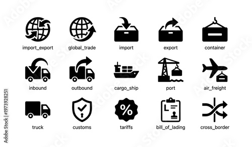 Icons of import export and global trade with transportation and logistics symbols