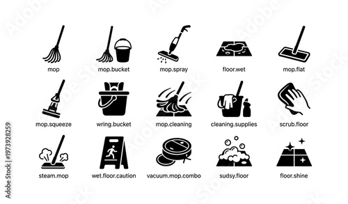 Cleaning icon set: mops, buckets, supplies, and caution signs