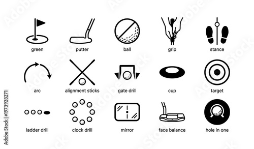 Golf training icons set with equipment and drills illustrated in black and white