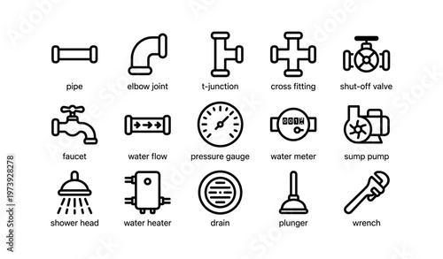 Plumbing icons: pipe, elbow joint, valve, faucet, pressure gauge, wrench