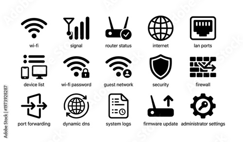 Wi-fi and network icons: signal, router, security, internet, ports